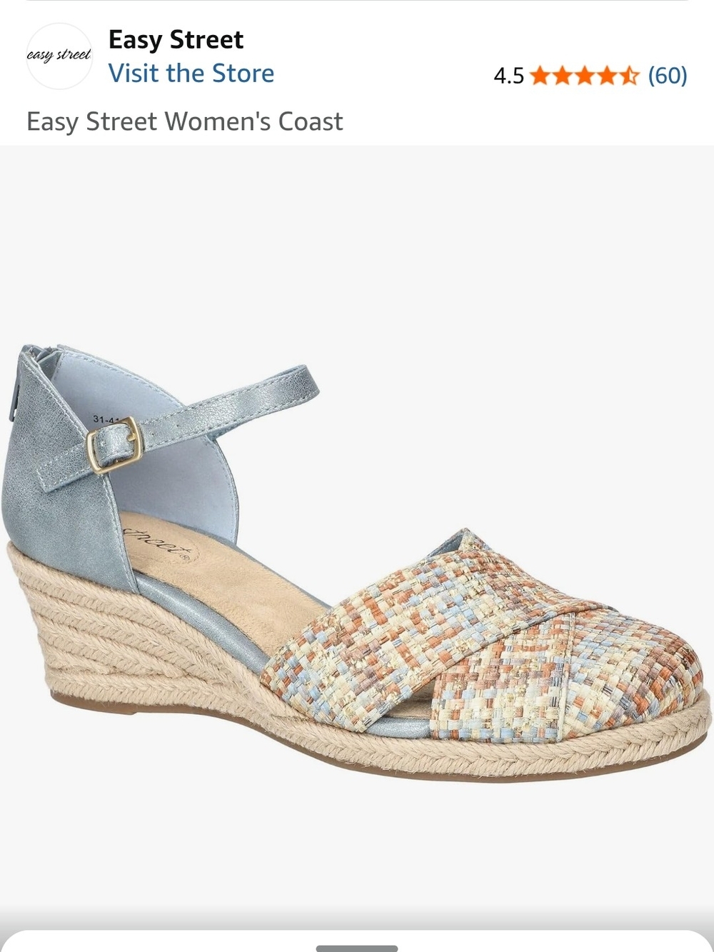 easy street Woven Multi-Color Espadrille Wedge with Light Blue Ankle Strap